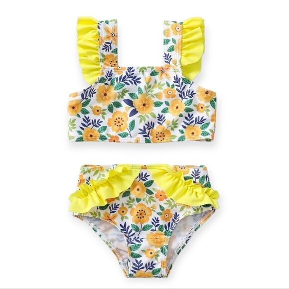 NWT Toddler Baby Girls Summer Swimsuit Yellow Floral Printed Bikini - Picture 1 of 7